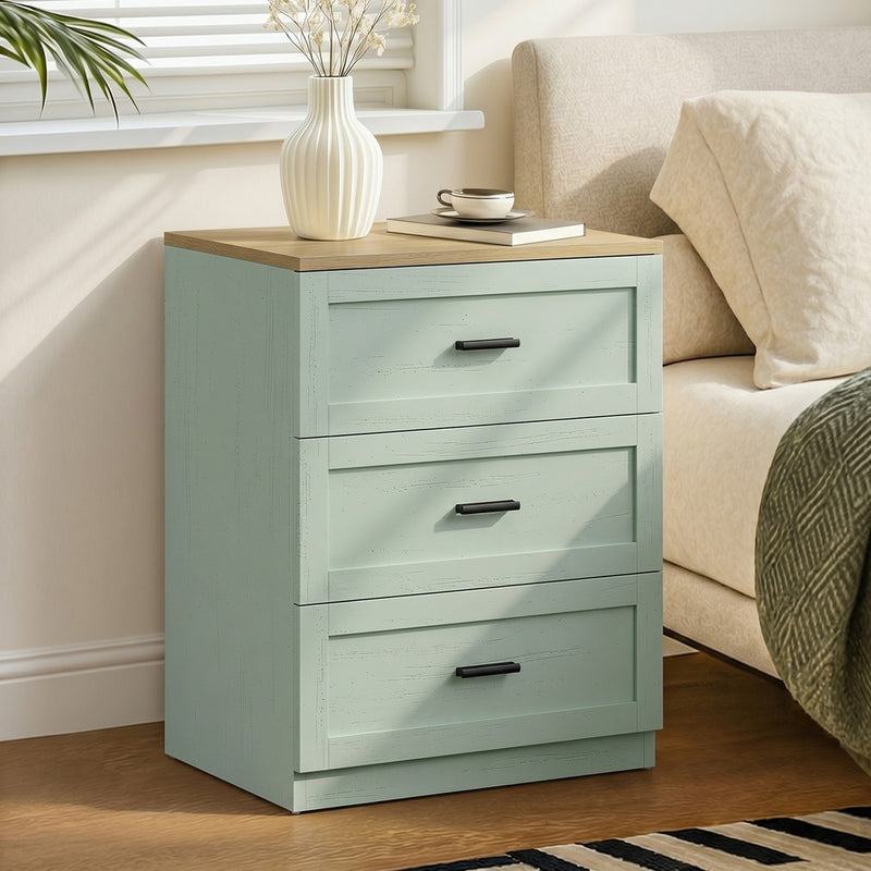 Oikiture Bedside Table 3 Drawers Nightstand Cabinet Natural&Green
