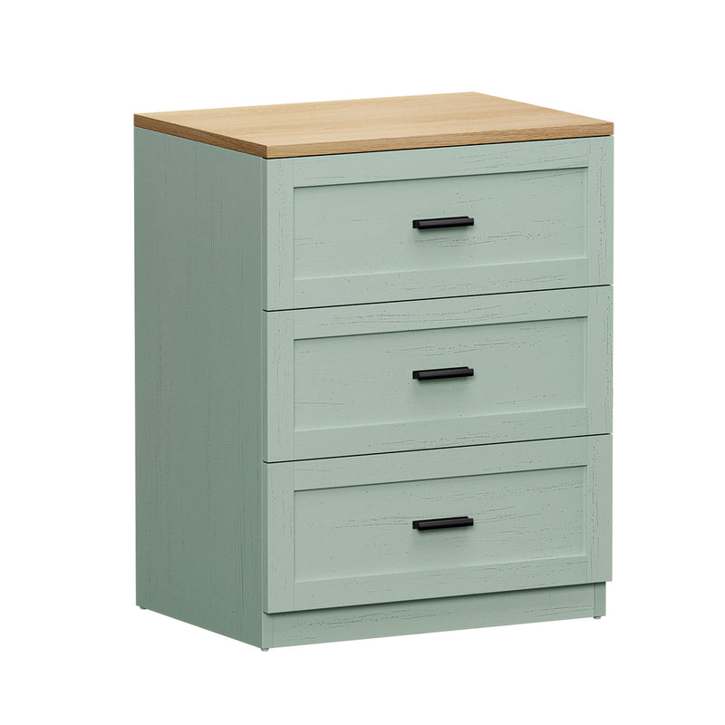 Oikiture Bedside Table 3 Drawers Nightstand Cabinet Natural&Green
