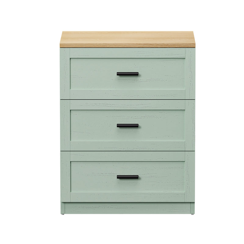 Oikiture Bedside Table 3 Drawers Nightstand Cabinet Natural&Green