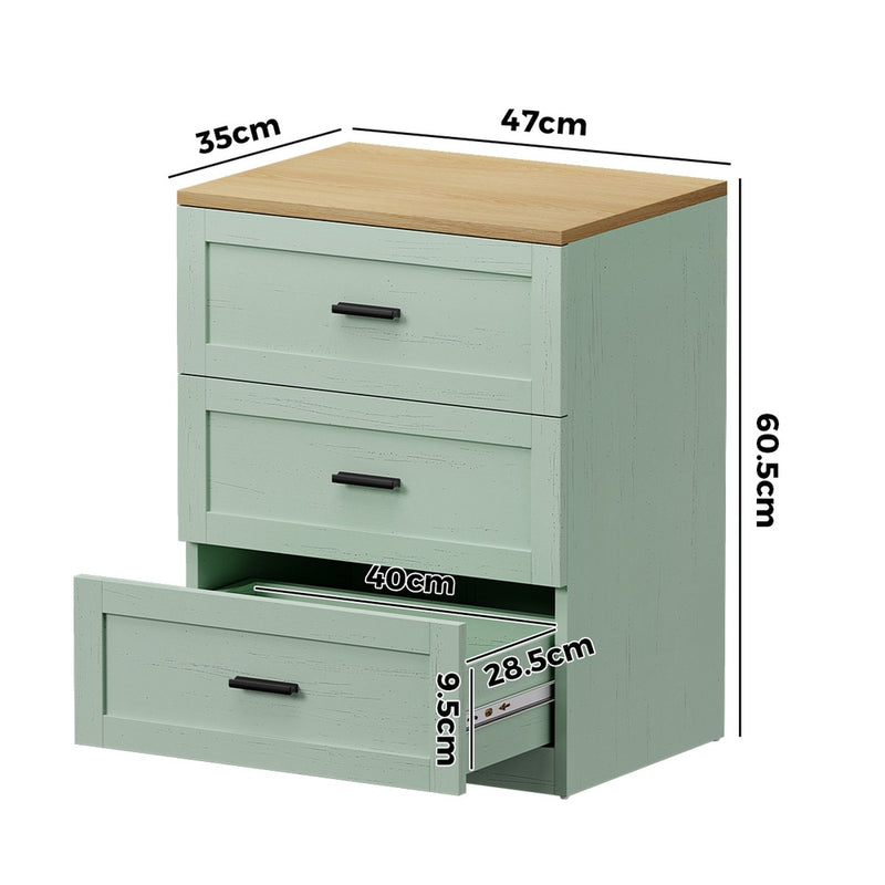 Oikiture Bedside Table 3 Drawers Nightstand Cabinet Natural&Green
