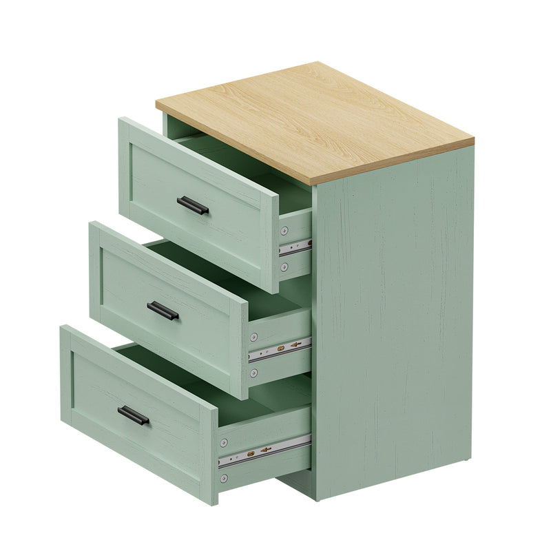 Oikiture Bedside Table 3 Drawers Nightstand Cabinet Natural&Green