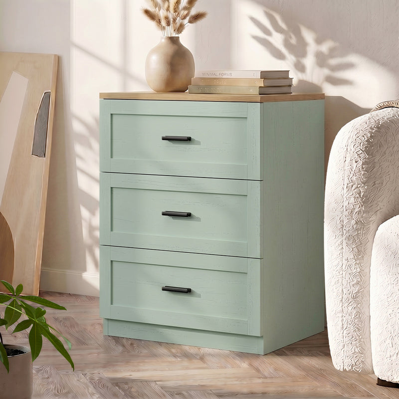 Oikiture Bedside Table 3 Drawers Nightstand Cabinet Natural&Green