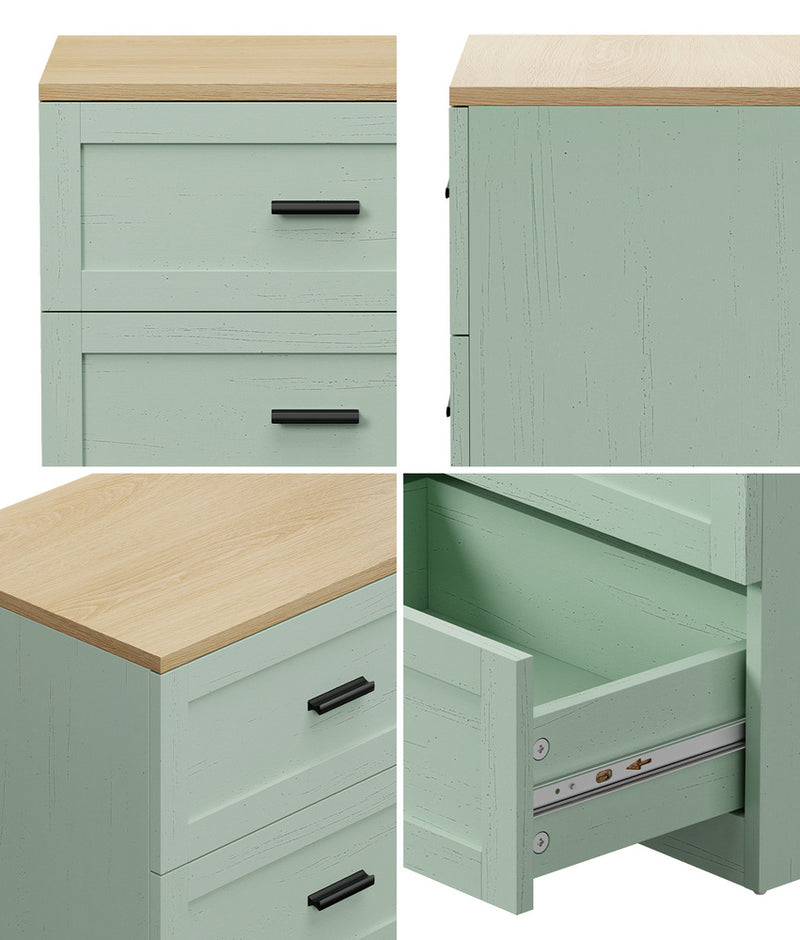 Oikiture Bedside Table 3 Drawers Nightstand Cabinet Natural&Green