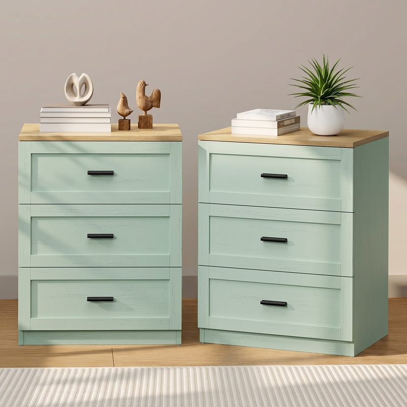 Oikiture 2pc Bedside Table 3 Drawers Nightstand Cabinet Natural&Green