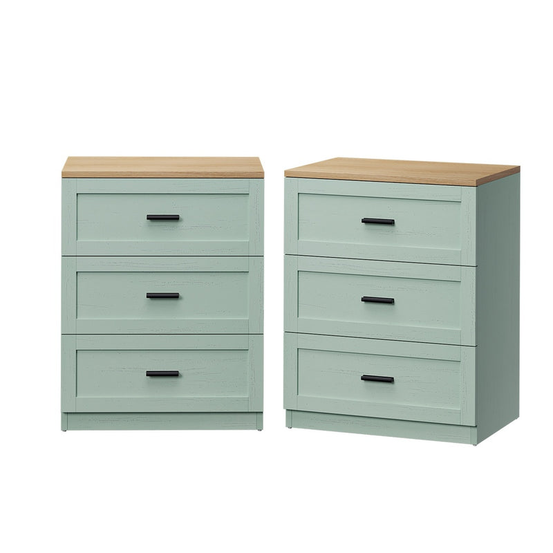Oikiture 2pc Bedside Table 3 Drawers Nightstand Cabinet Natural&Green