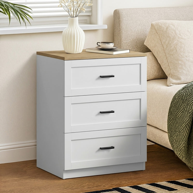 Oikiture Bedside Table 3 Drawers Nightstand Cabinet Natural&White
