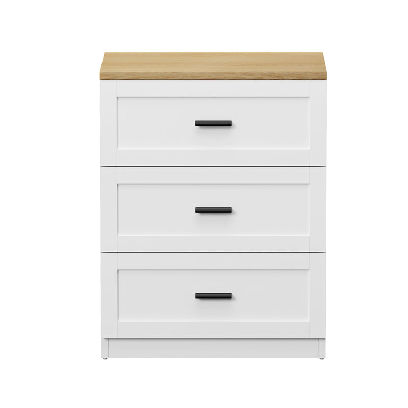 Oikiture Bedside Table 3 Drawers Nightstand Cabinet Natural&White