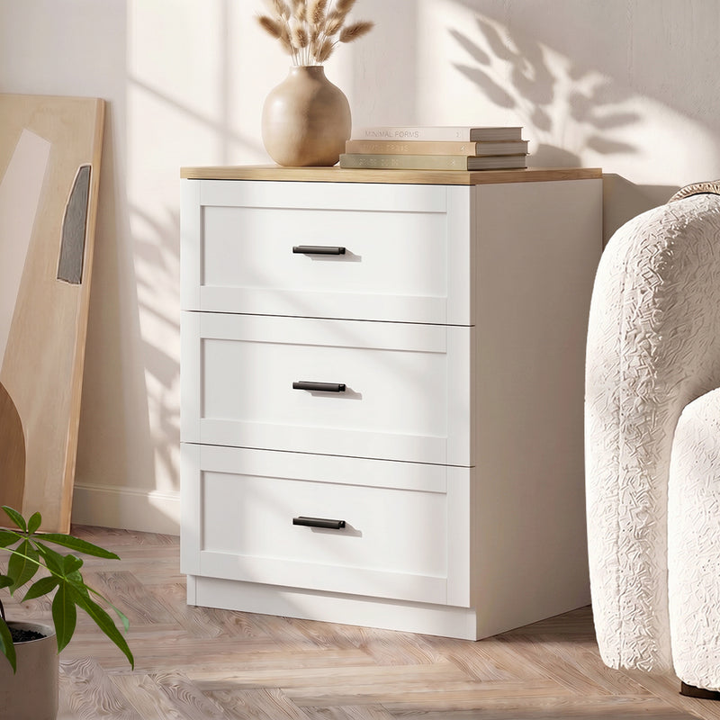 Oikiture Bedside Table 3 Drawers Nightstand Cabinet Natural&White