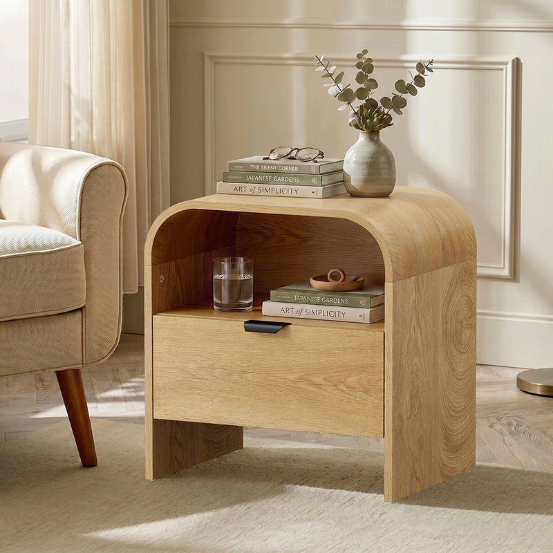 Oikiture Bedside Table Drawer Nightstand Natural