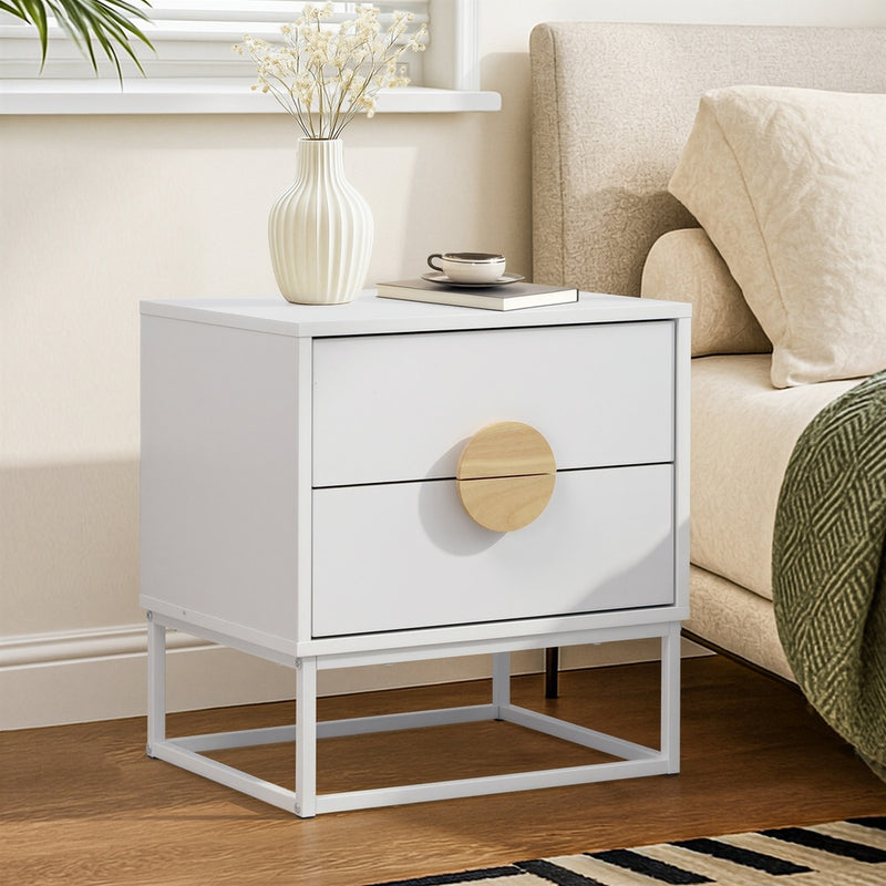 Oikiture Bedside Table 2 Drawers Steel Legs White