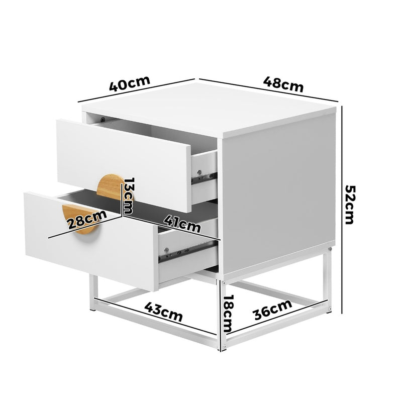 Oikiture Bedside Table 2 Drawers Steel Legs White