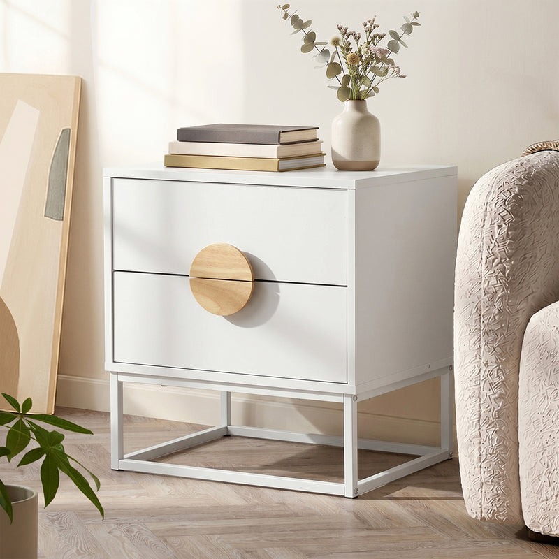 Oikiture 2x Bedside Table 2 Drawers Steel Legs White