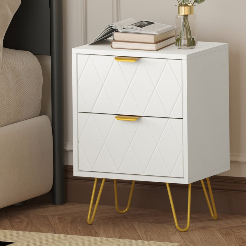Oikiture Bedside Table 2 Drawers Gold Metal Nightstand White