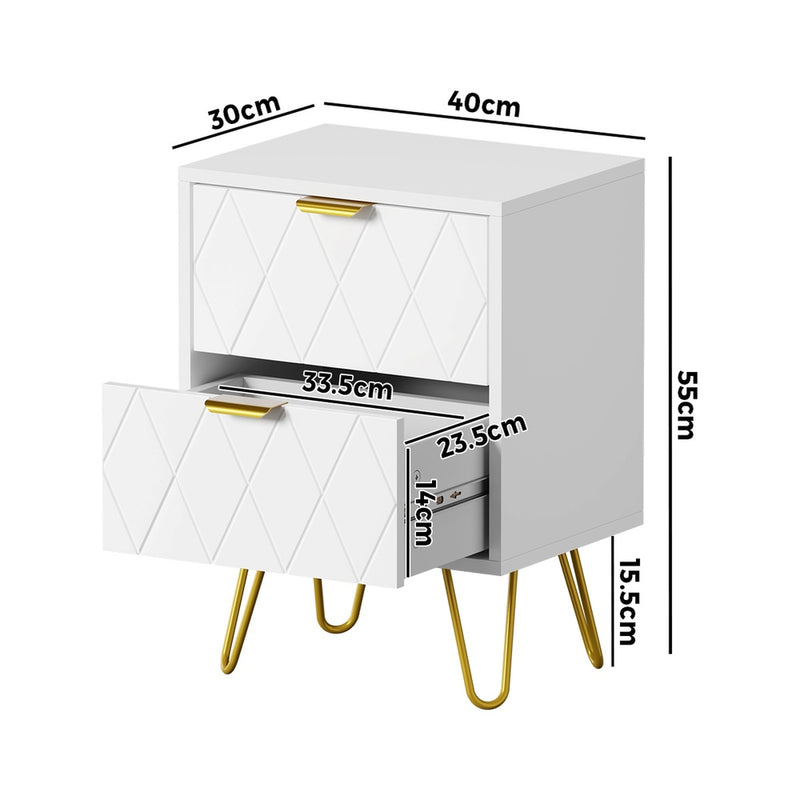 Oikiture Bedside Table 2 Drawers Gold Metal Nightstand White