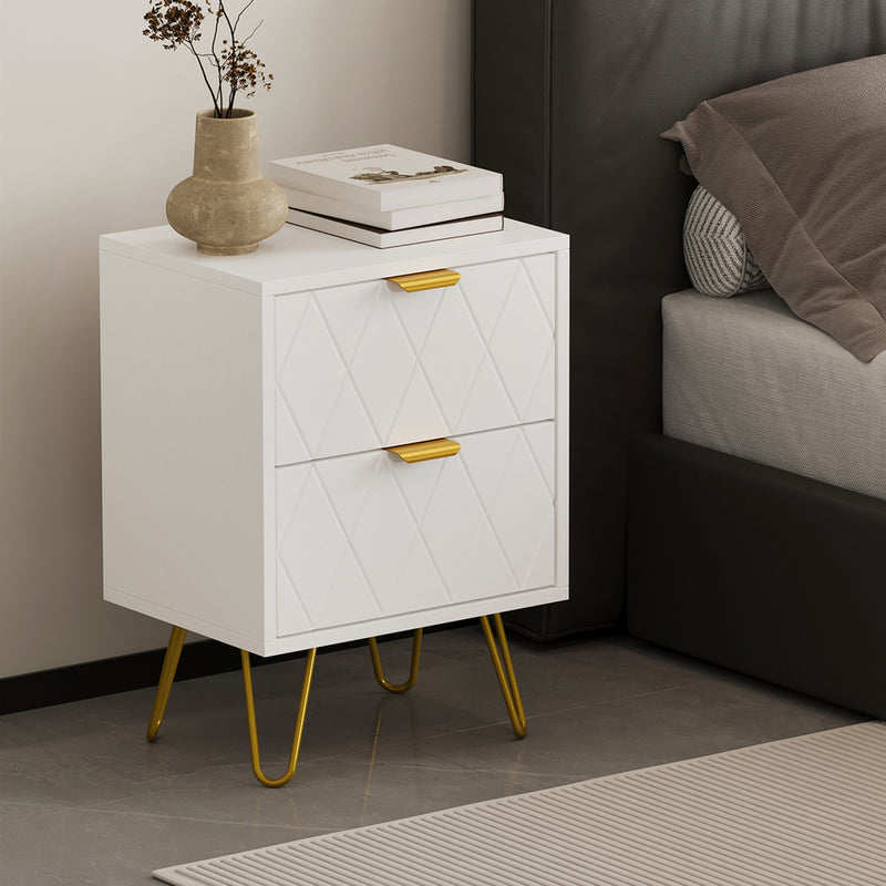 Oikiture Bedside Table 2 Drawers Gold Metal Nightstand White