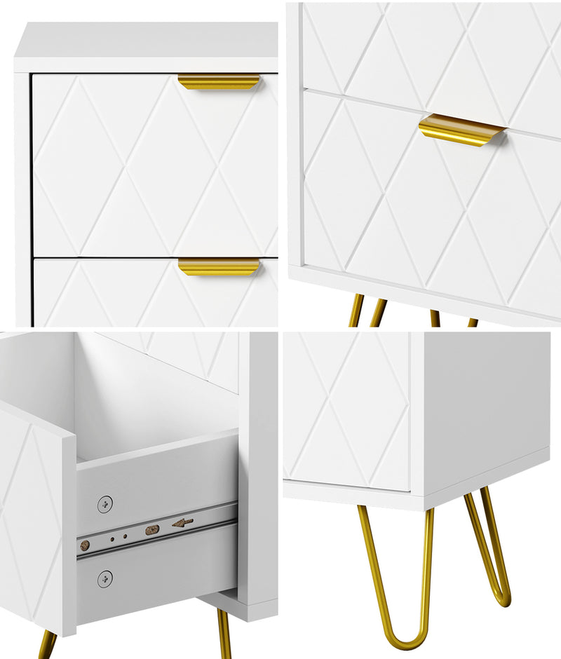 Oikiture Bedside Table 2 Drawers Gold Metal Nightstand White