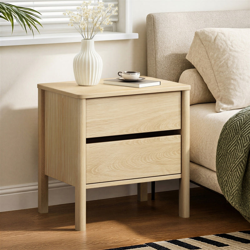 Oikiture Bedside Table 2 Drawers Nightstand Handle-free Natural
