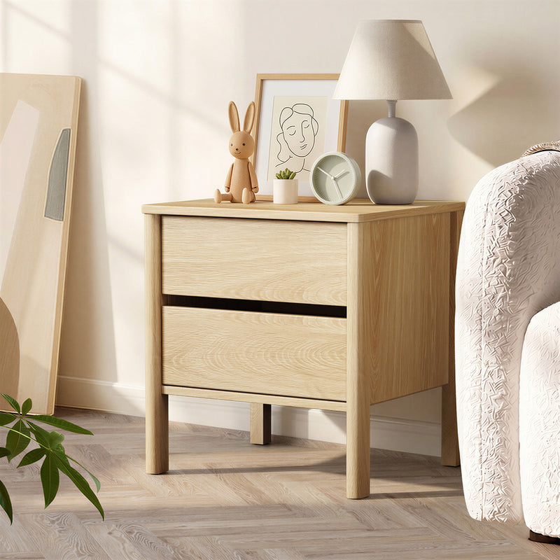Oikiture Bedside Table 2 Drawers Nightstand Handle-free Natural