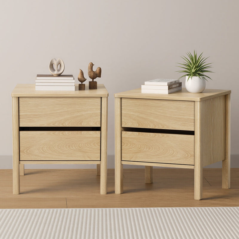 Oikiture 2x Bedside Tables 2 Drawers Nightstand Handle-free Natural