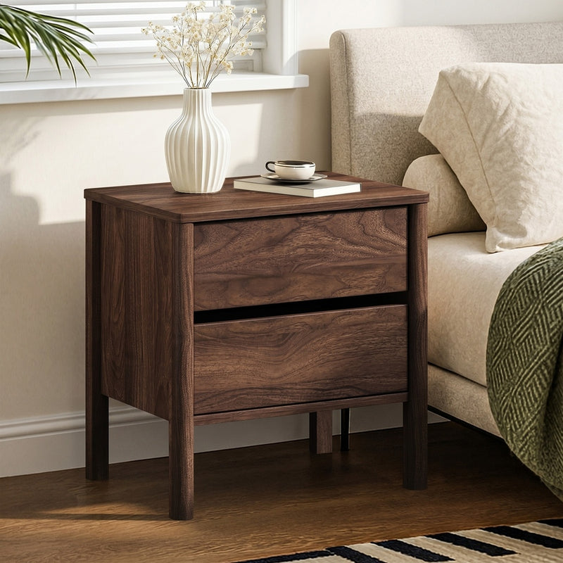 Oikiture Bedside Table 2 Drawers Nightstand Handle-free Walnut