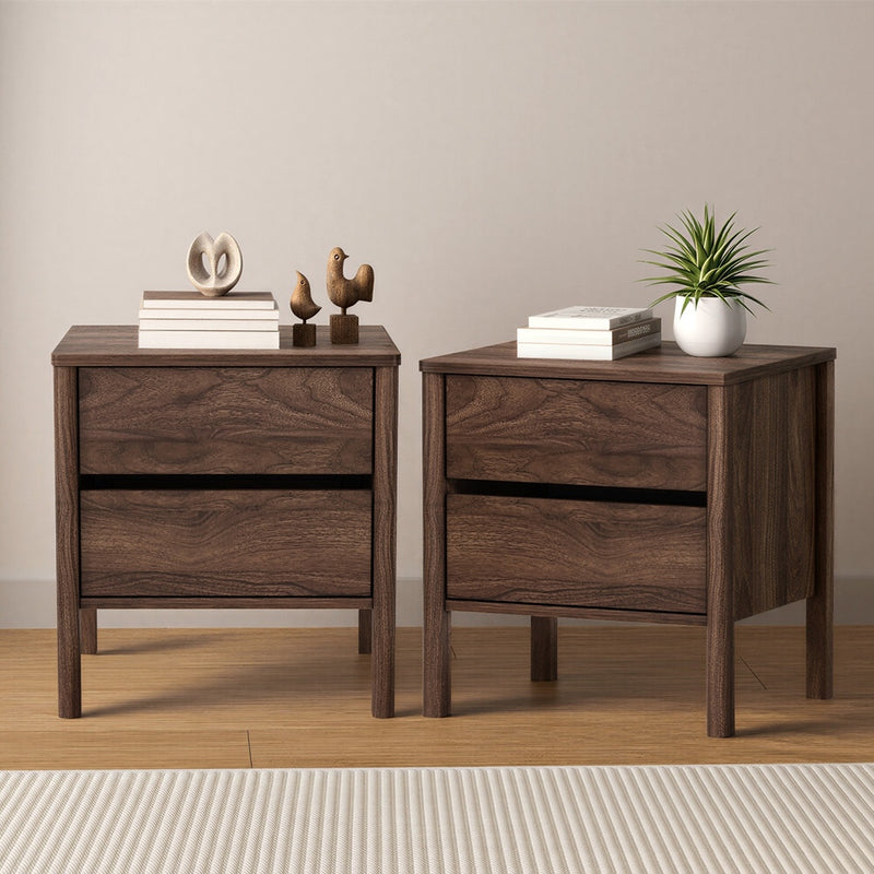 Oikiture 2x Bedside Tables 2 Drawers Nightstand Handle-free Walnut