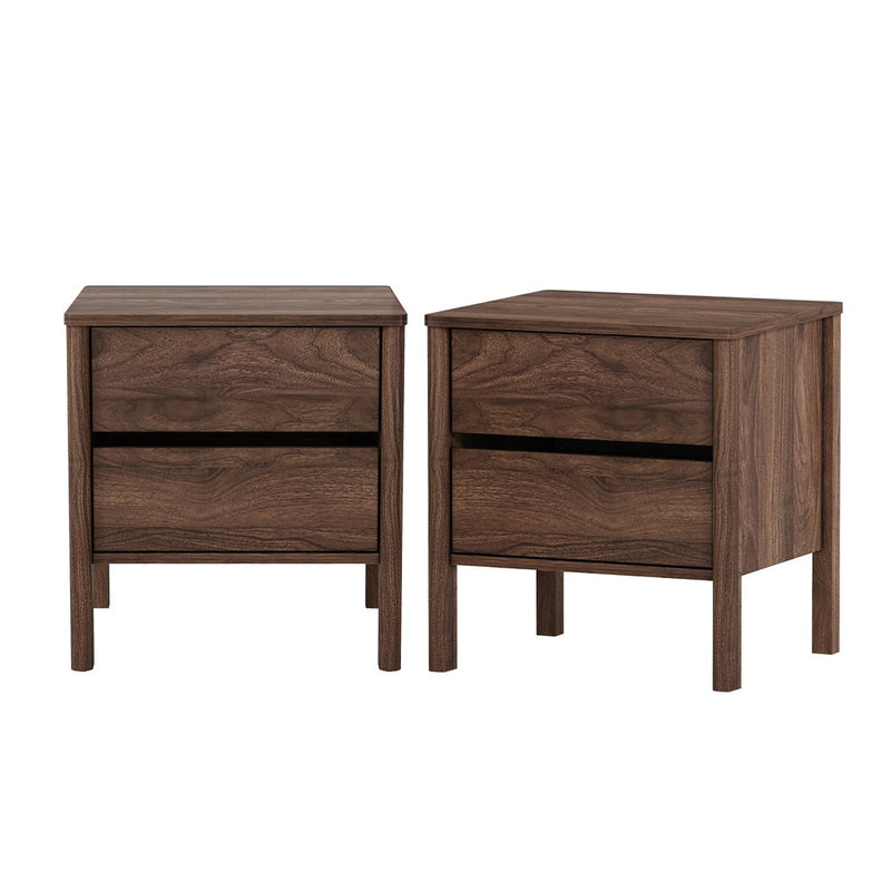Oikiture 2x Bedside Tables 2 Drawers Nightstand Handle-free Walnut