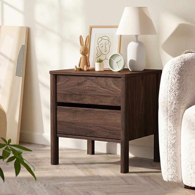 Oikiture 2x Bedside Tables 2 Drawers Nightstand Handle-free Walnut