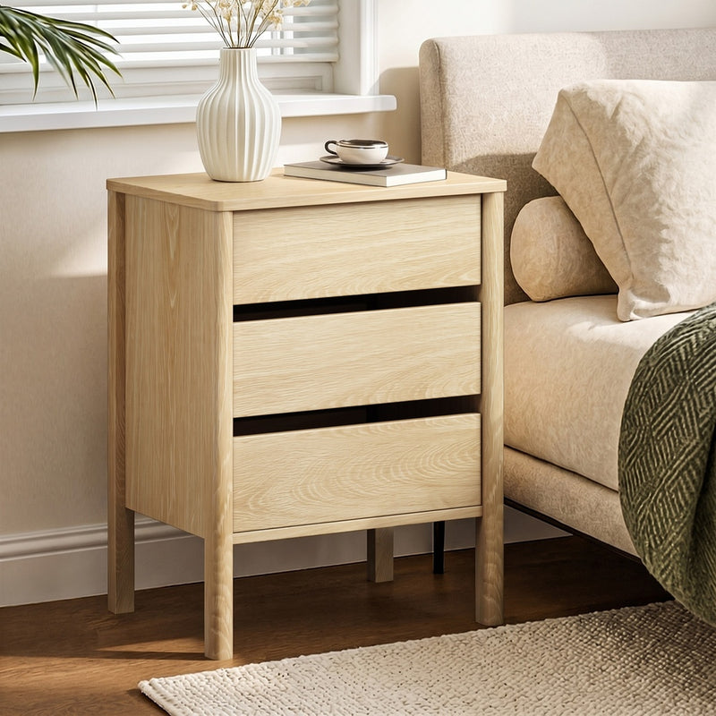 Oikiture Bedside Table 3 Drawers Nightstand Handle-free Natural