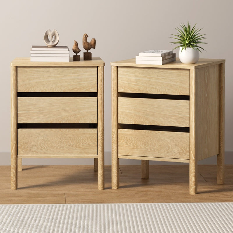 Oikiture 2x Bedside Tables 3 Drawers Nightstand Handle-free Natural