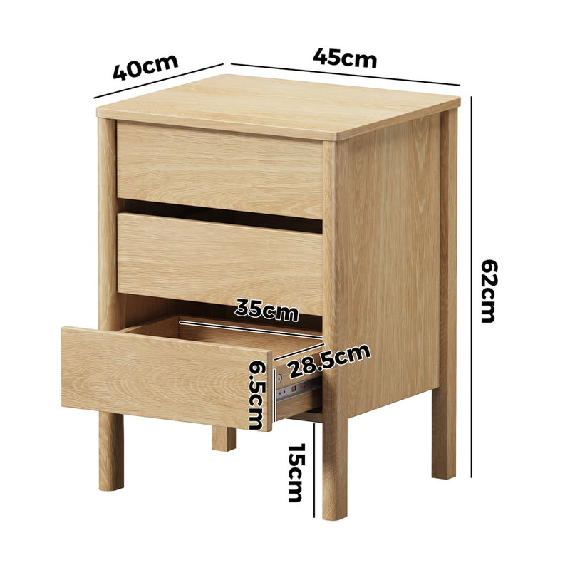 Oikiture 2x Bedside Tables 3 Drawers Nightstand Handle-free Natural