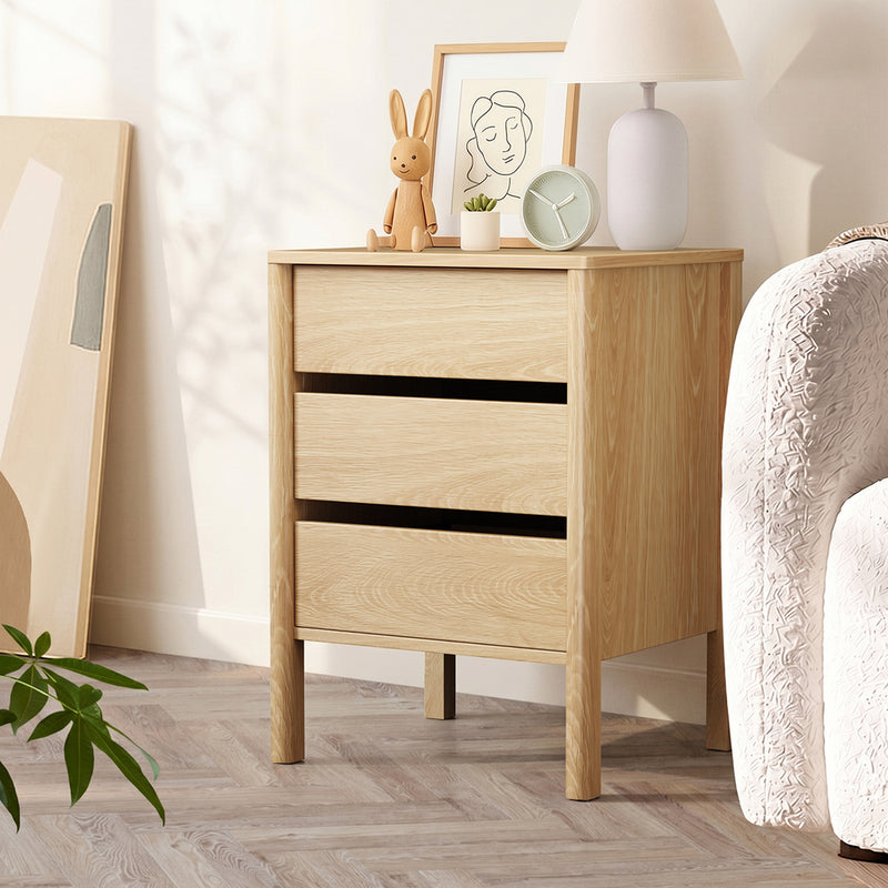 Oikiture 2x Bedside Tables 3 Drawers Nightstand Handle-free Natural