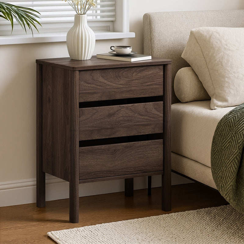 Oikiture Bedside Table 3 Drawers Nightstand Handle-free Walnut