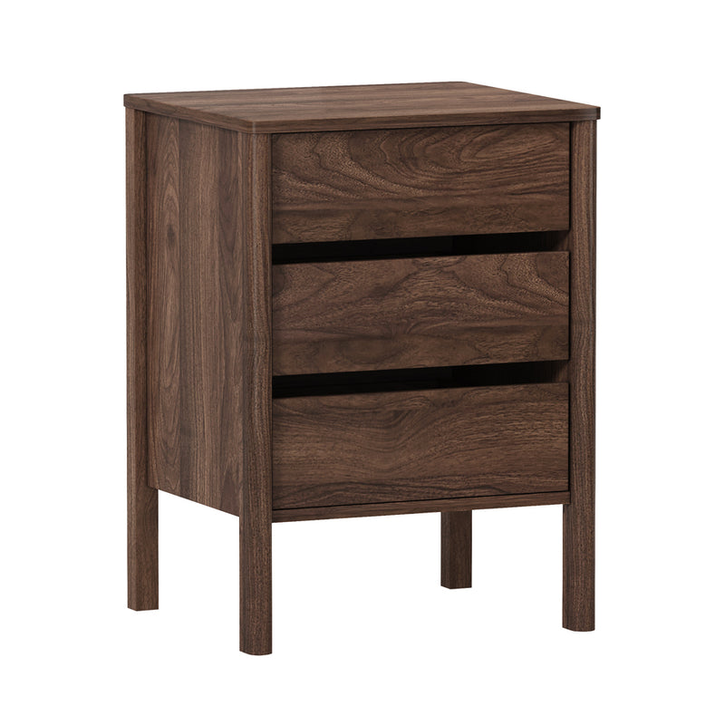 Oikiture Bedside Table 3 Drawers Nightstand Handle-free Walnut