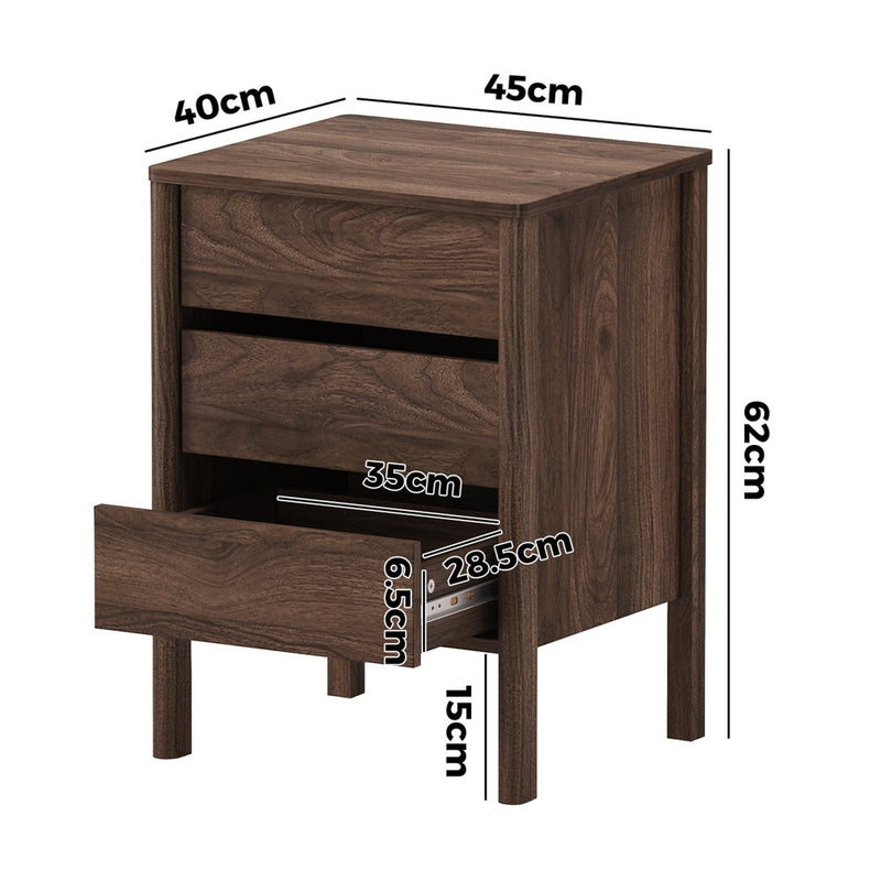 Oikiture Bedside Table 3 Drawers Nightstand Handle-free Walnut