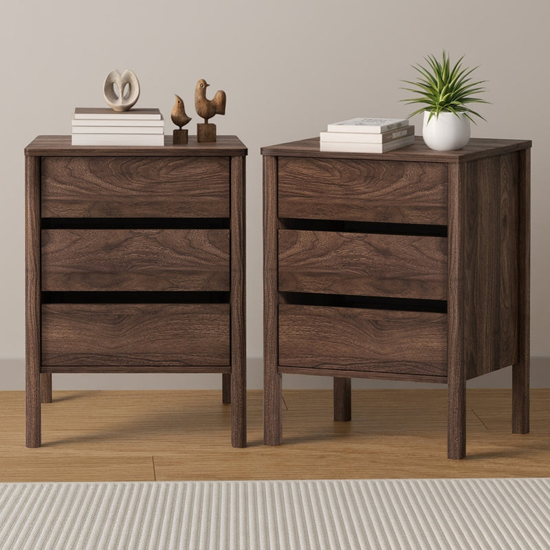 Oikiture 2x Bedside Tables 3 Drawers Nightstand Handle-free Walnut