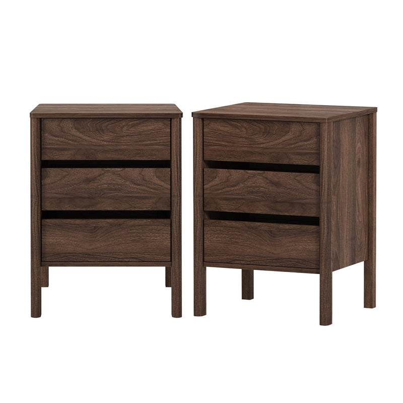 Oikiture 2x Bedside Tables 3 Drawers Nightstand Handle-free Walnut
