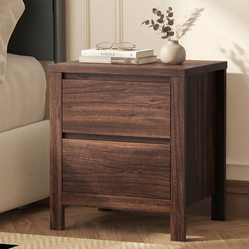 Oikiture Bedside Table 2 Drawers Nightstand Handle-Free Walnut