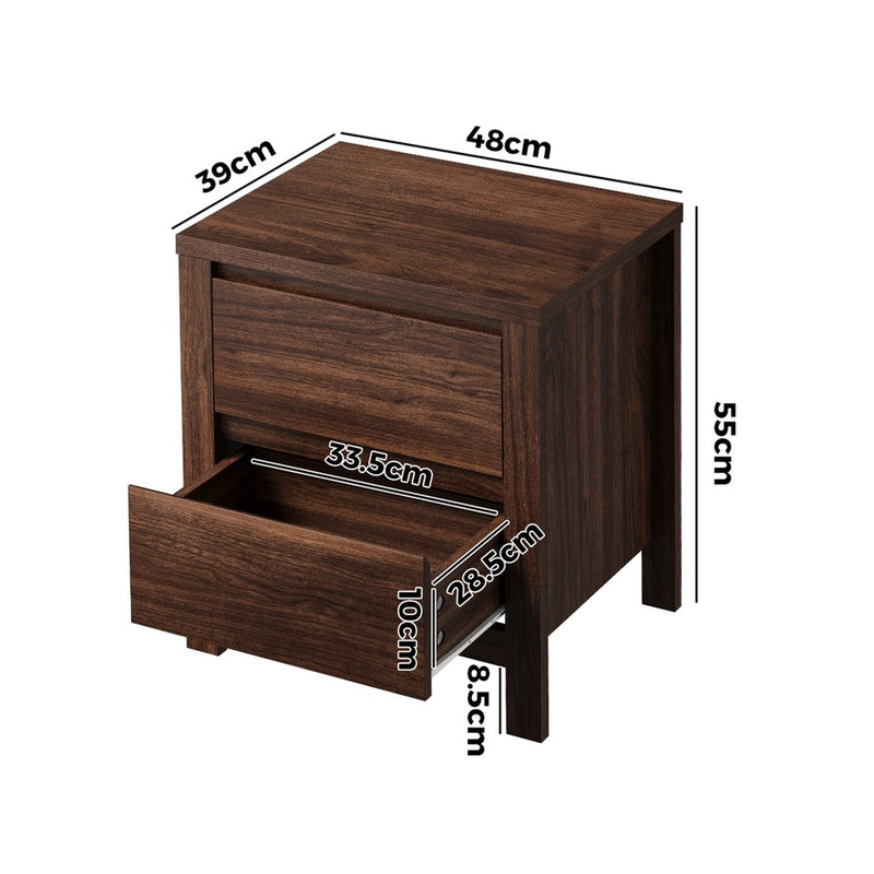 Oikiture Bedside Table 2 Drawers Nightstand Handle-Free Walnut