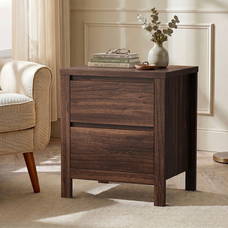 Oikiture Bedside Table 2 Drawers Nightstand Handle-Free Walnut