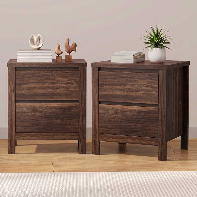 Oikiture 2x Bedside Table 2 Drawers Nightstand Handle-Free Walnut
