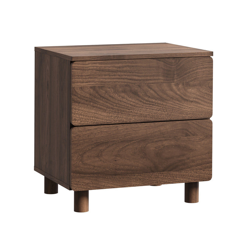 Oikiture Bedside Table Nightstand 2 Drawer Handle-free Walnut