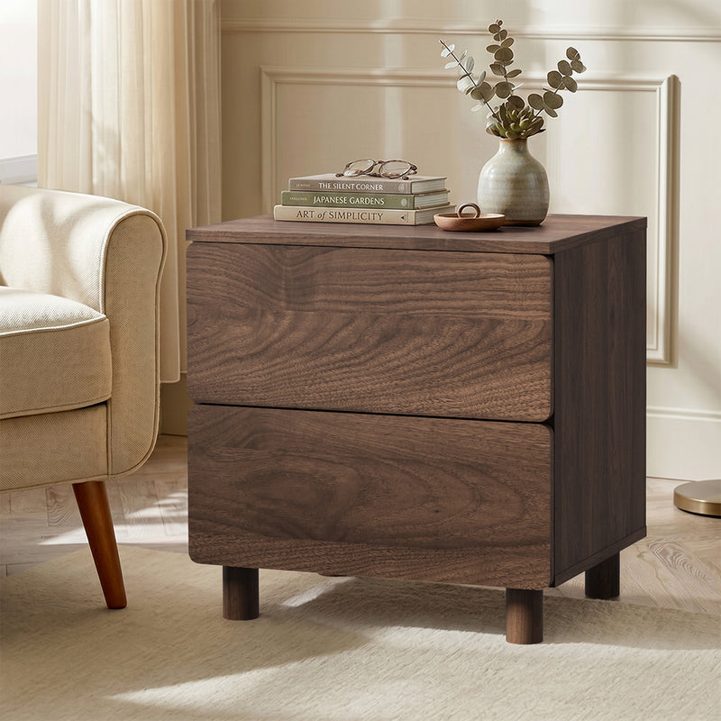 Oikiture Bedside Table Nightstand 2 Drawer Handle-free Walnut