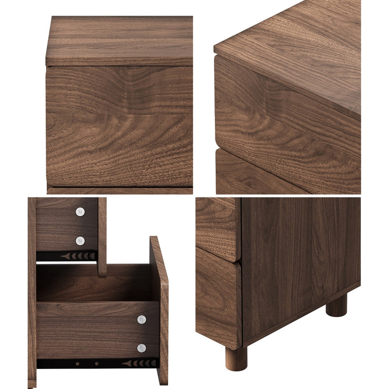 Oikiture Bedside Table Nightstand 2 Drawer Handle-free Walnut