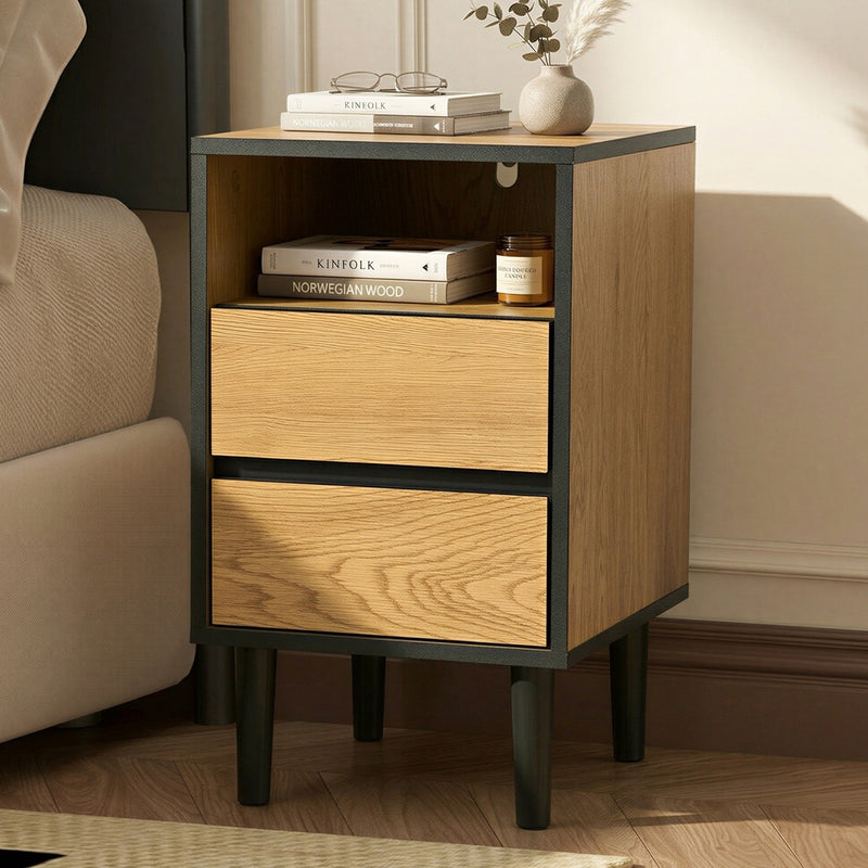 Oikiture Bedside Table 2 Drawers Shelf End Table Nightstand Natural