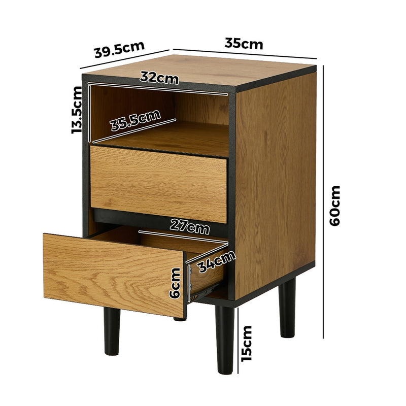 Oikiture Bedside Table 2 Drawers Shelf End Table Nightstand Natural