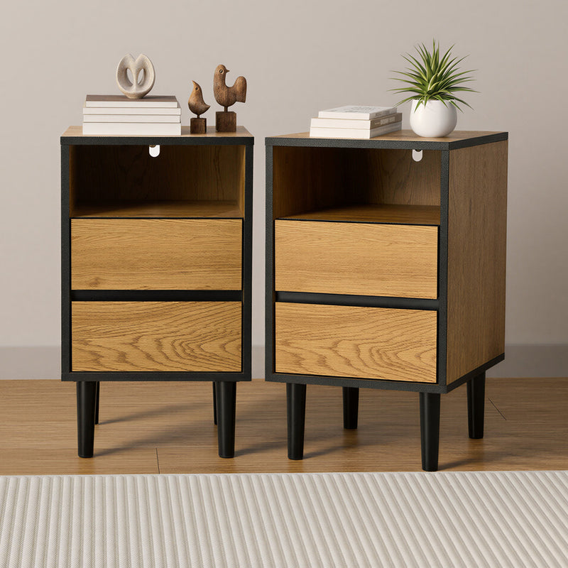 Oikiture 2pc Bedside Tables 2 Drawers Shelf Nightstand Natural