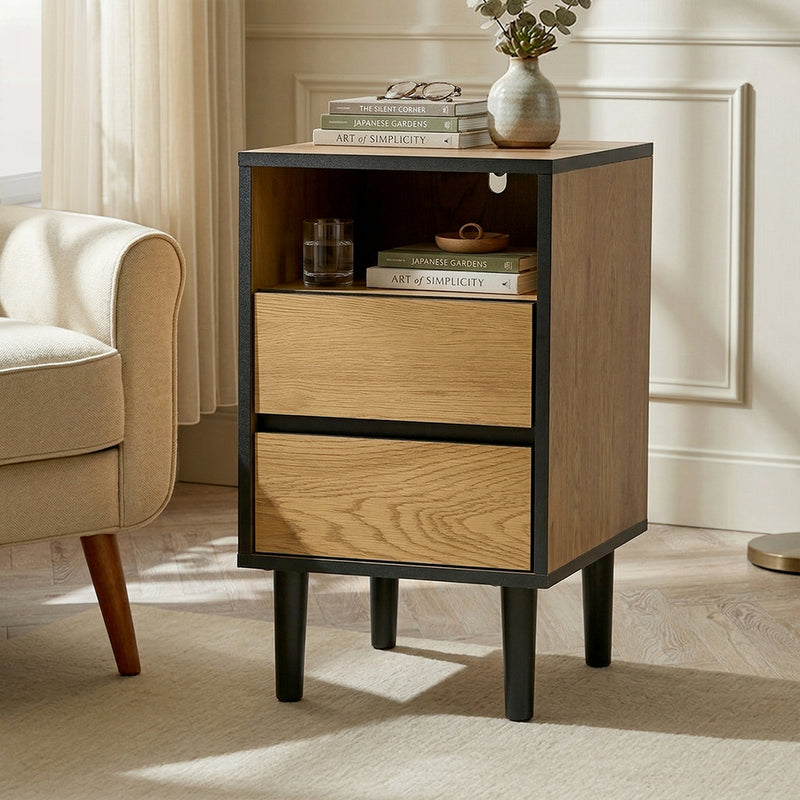 Oikiture 2pc Bedside Tables 2 Drawers Shelf Nightstand Natural