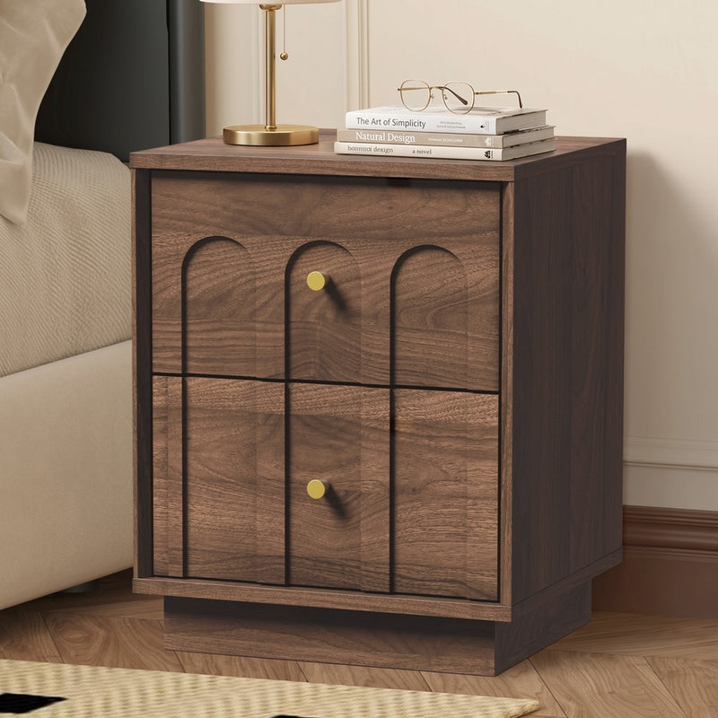 Oikiture Bedside Table 2 Drawer Side Cabinet Metal Handle Walnut