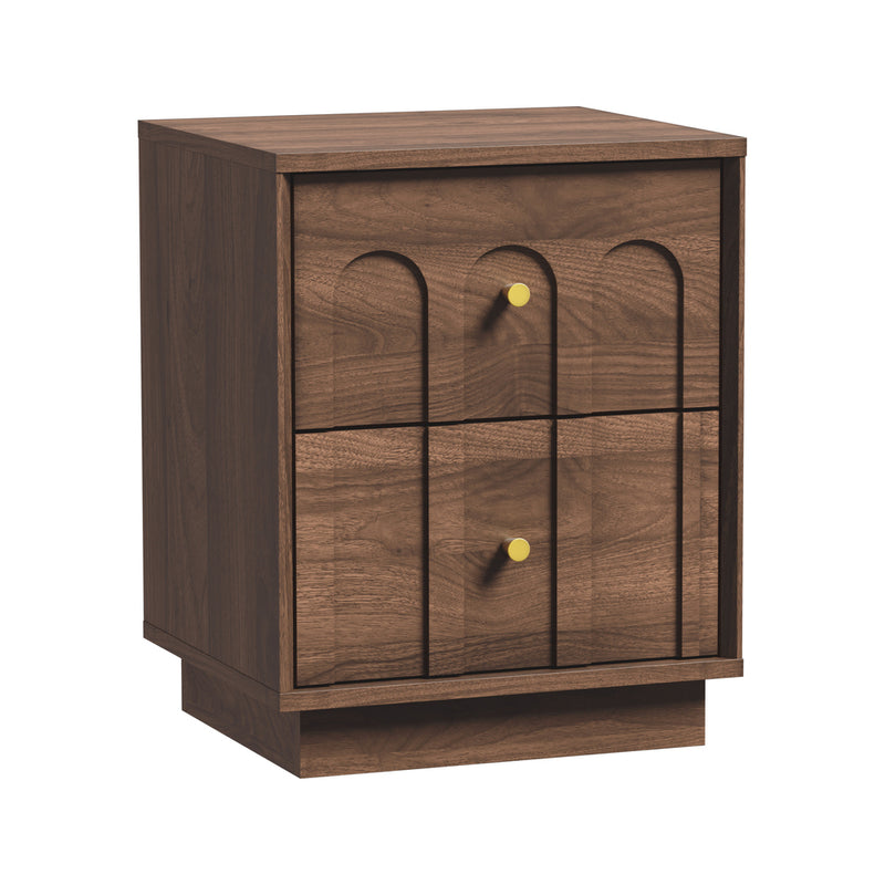 Oikiture Bedside Table 2 Drawer Side Cabinet Metal Handle Walnut