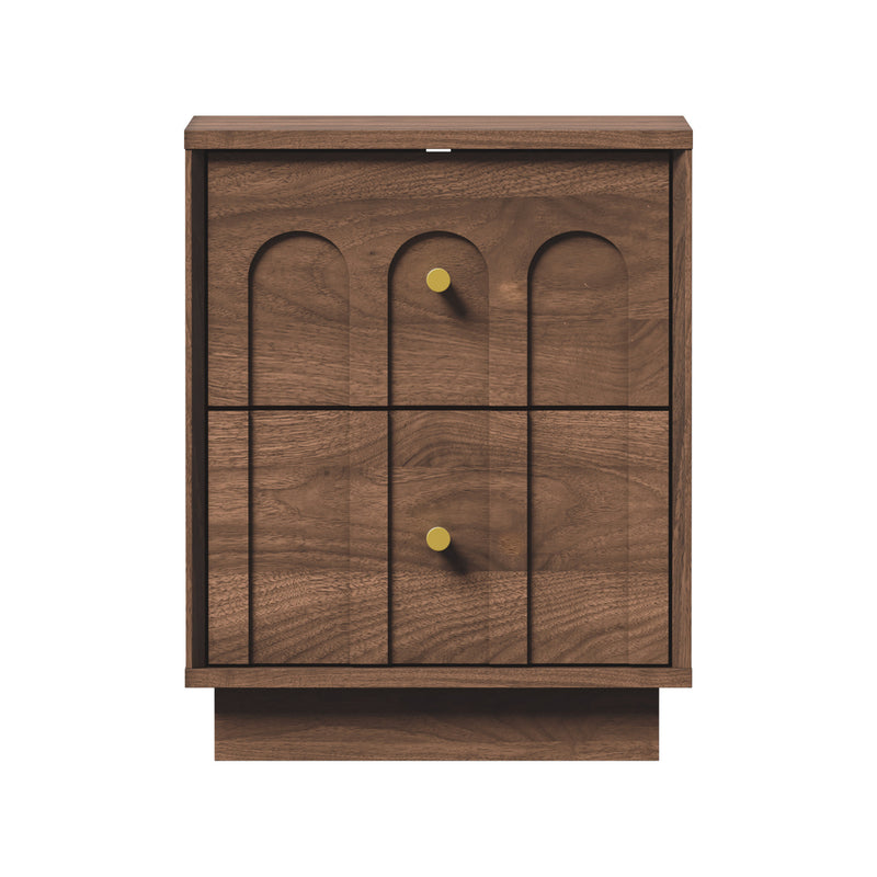 Oikiture Bedside Table 2 Drawer Side Cabinet Metal Handle Walnut